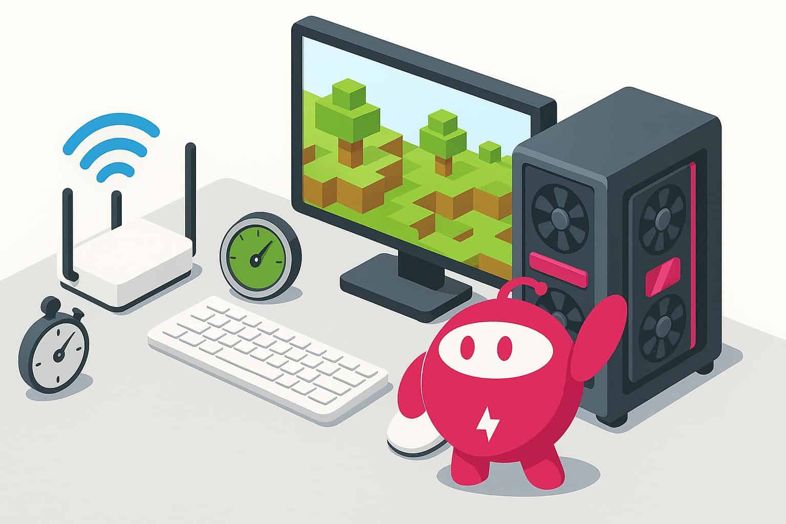 Zippy the BroadbandNow mascot next to a computer playing a video game.