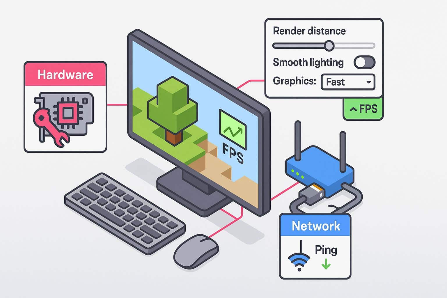 Diagram showing how to improve FPS: Adjust render distance, change graphics settings, or upgrade your computer.
