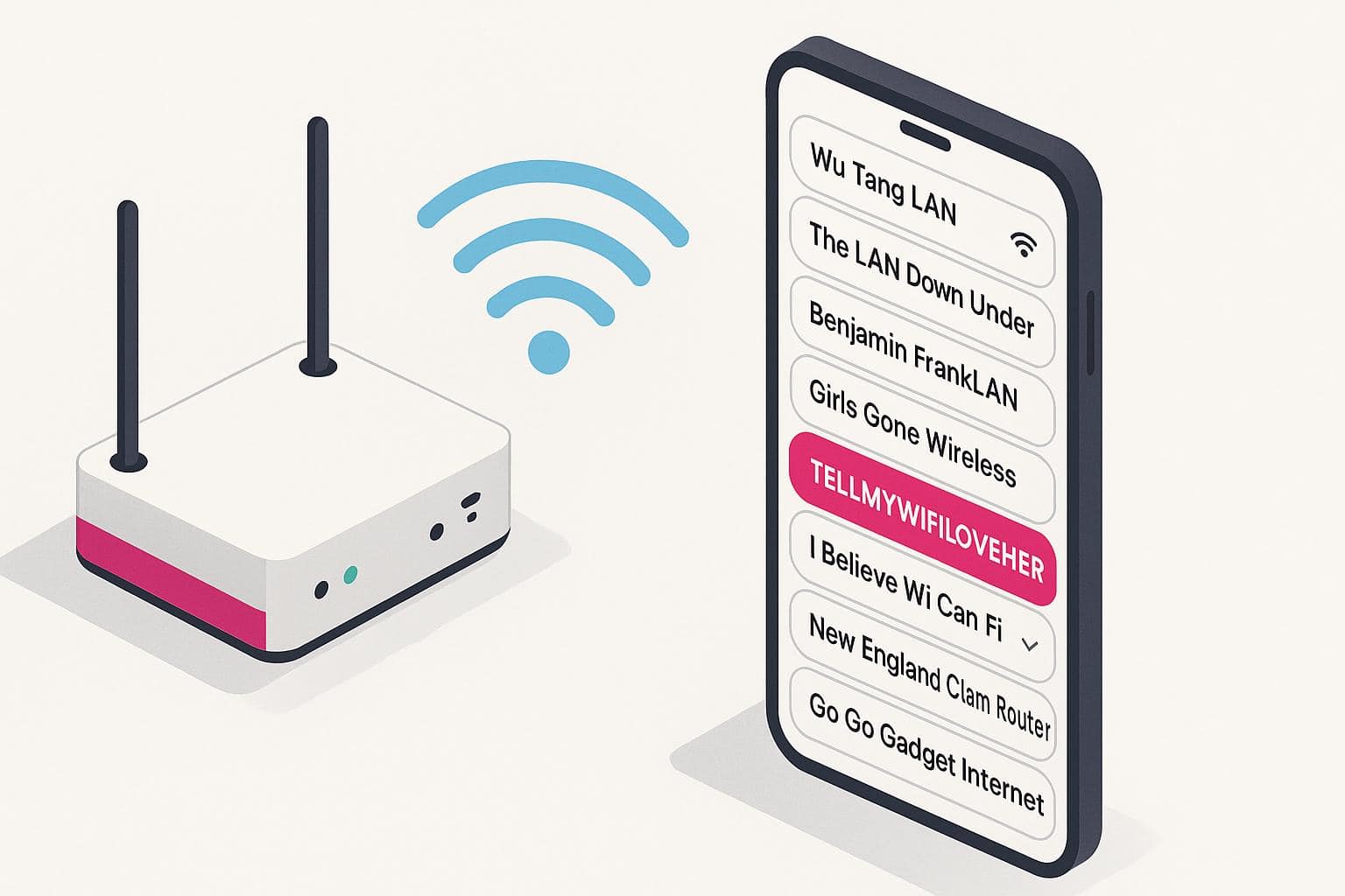 Smartphone listing humorous Wi‑Fi network names next to a wireless router.