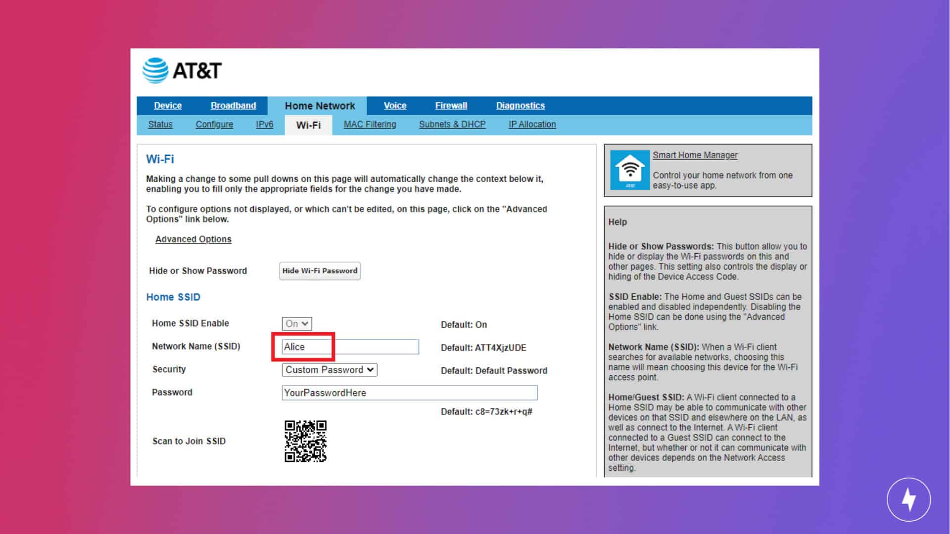 Screenshot of an AT&T Wi-Fi login credentials page.