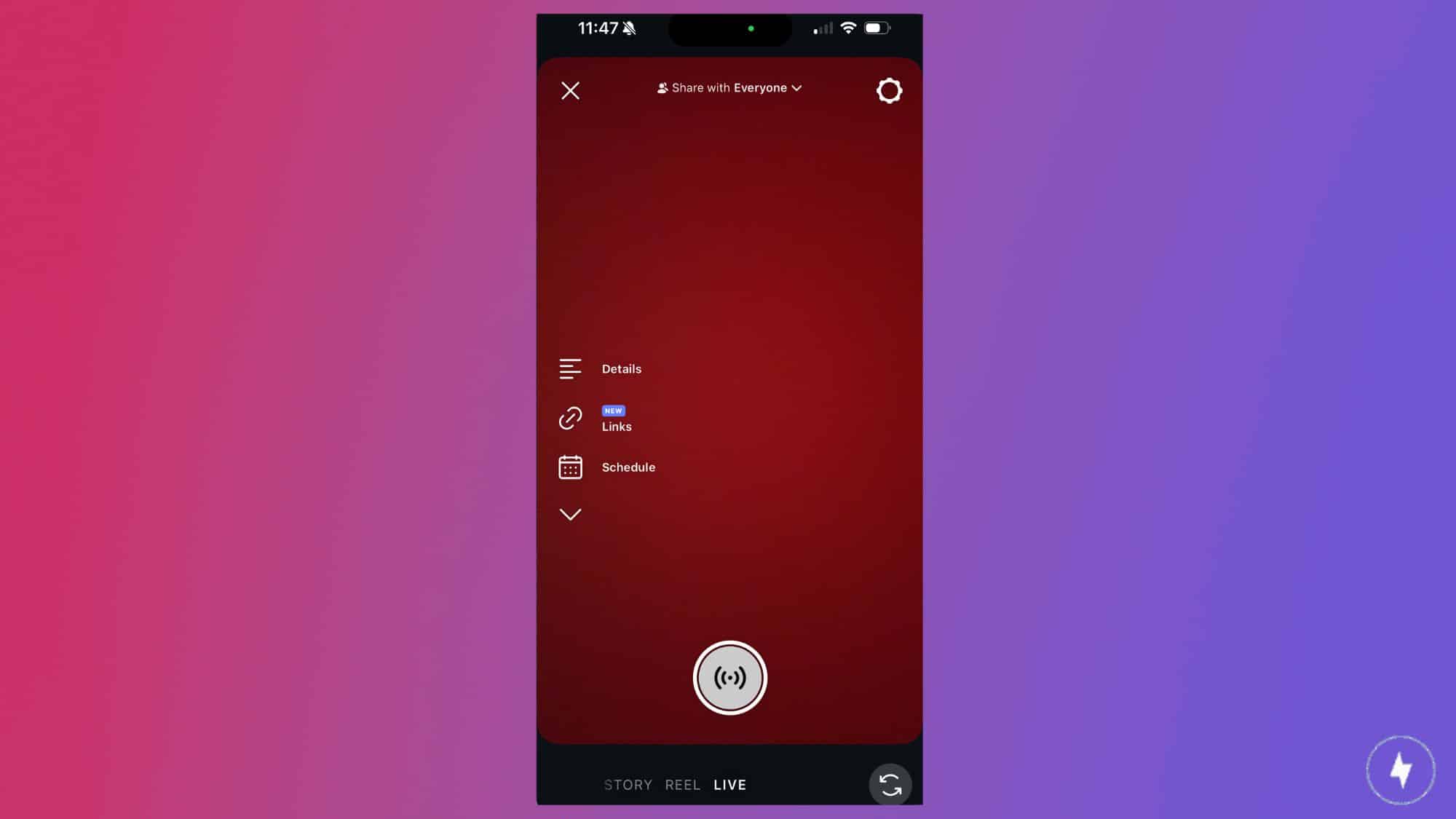 A screenshot of Instagram Live before starting the stream.