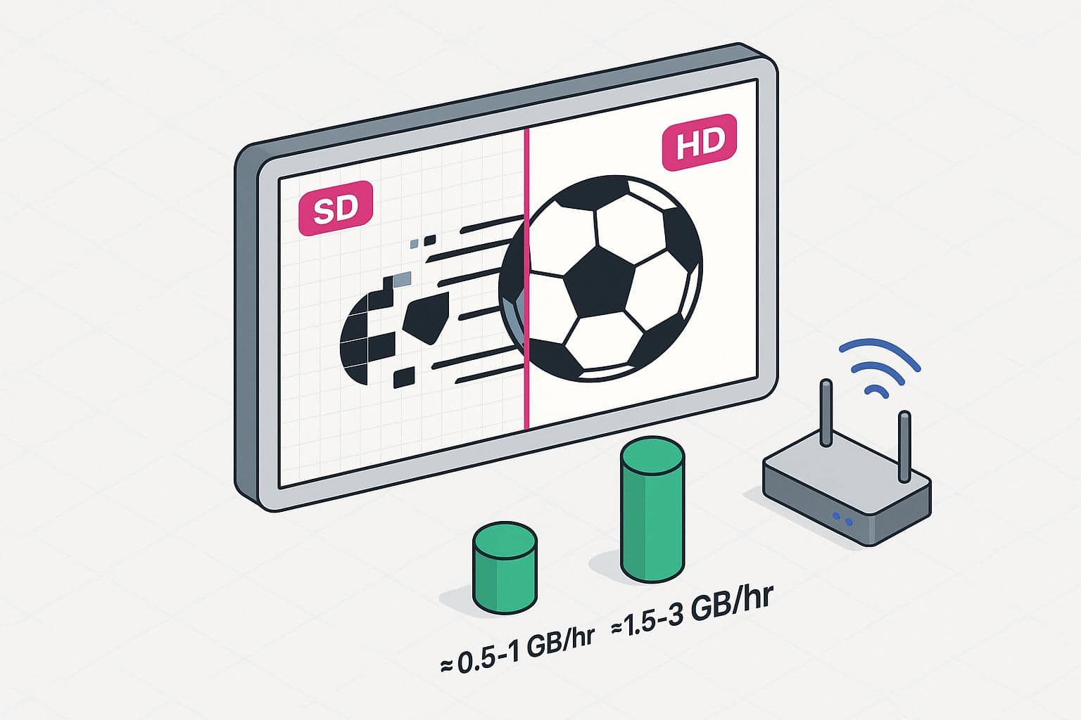 Illustration of a TV displaying the difference in video resolution between SD and HD, with icons indicating data size difference and a wireless router nearby.