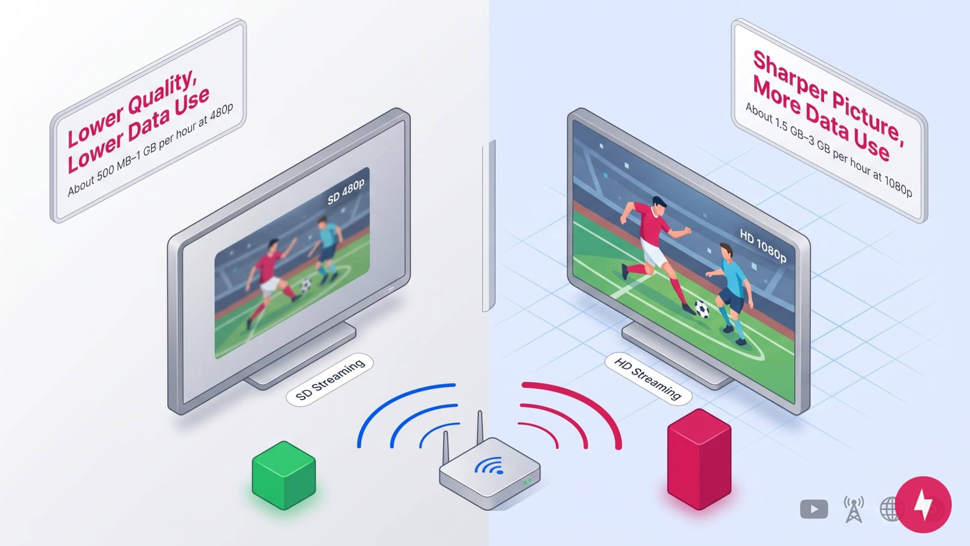 Comparison chart showing the visual quality and data usage difference between SD and HD streaming.