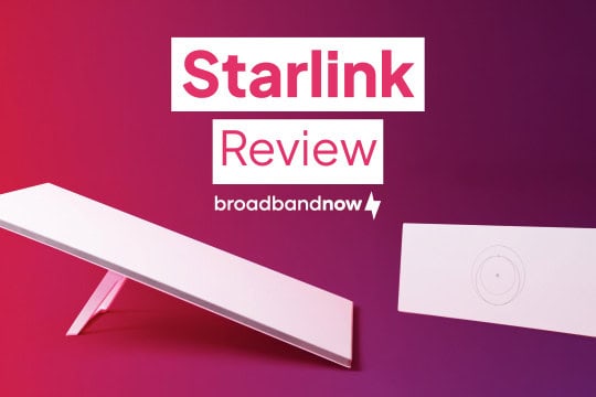 Starlink dish and router against a gradient magenta background.