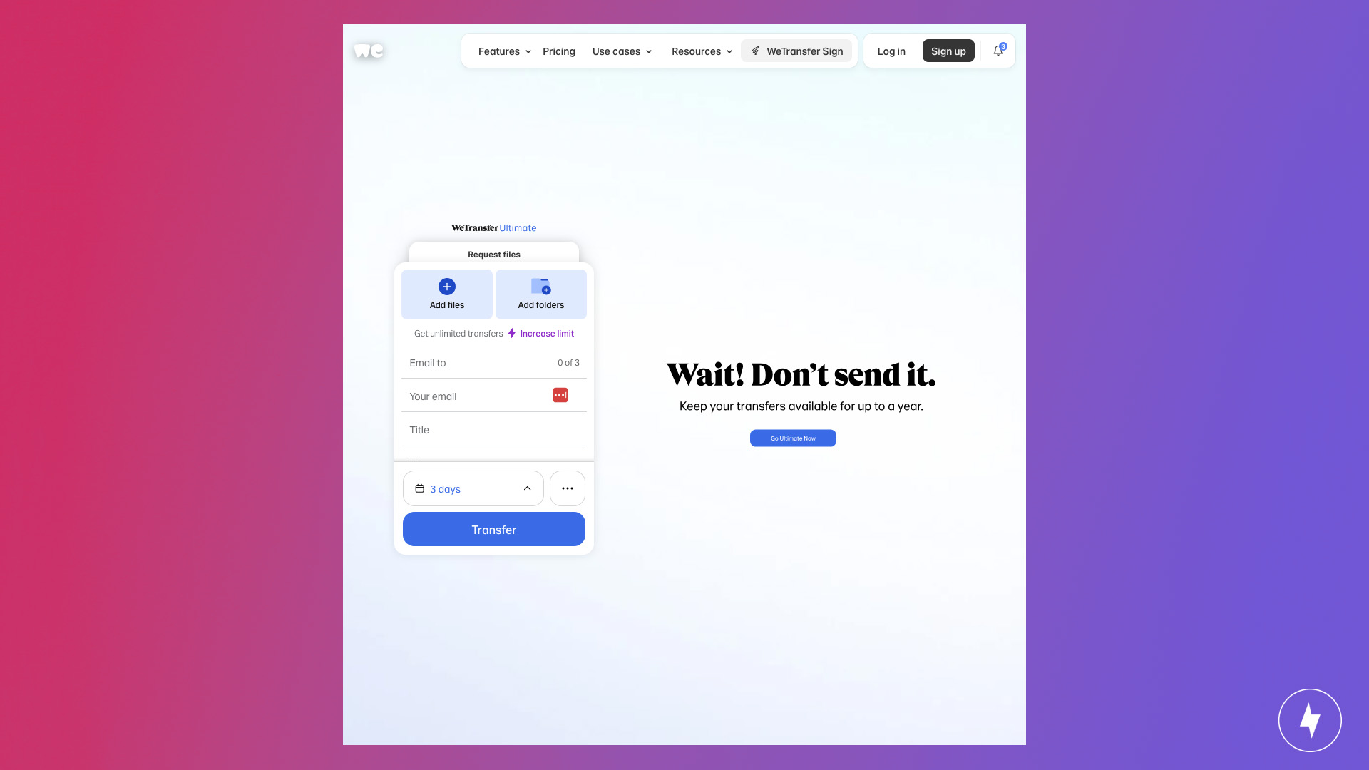A screenshot of the WeTransfer app on desktop.