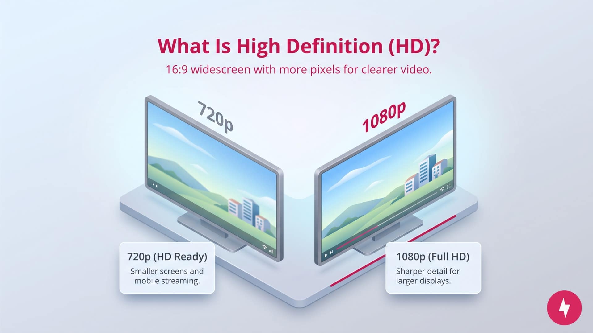 An infographic comparing 720p and 1080p display resolutions on two television screens.