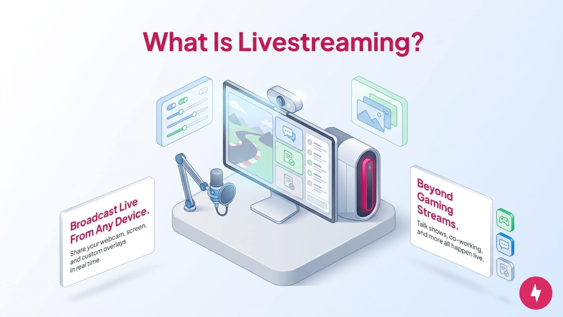 An isometric illustration showing a computer, microphone, and livestreaming UI elements.
