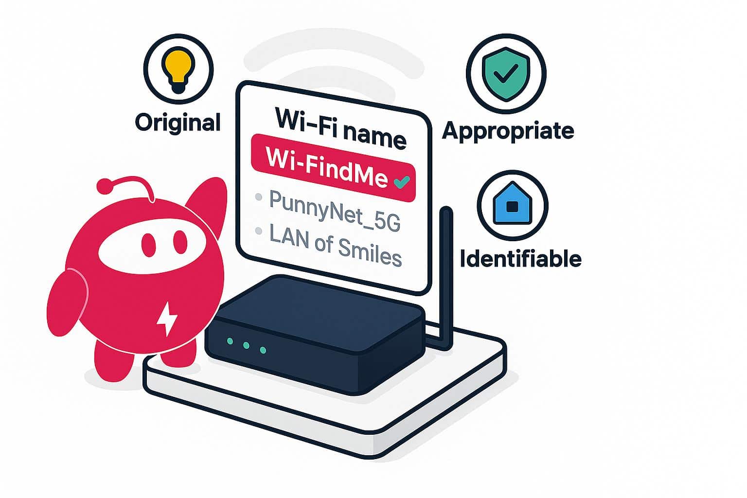 Illustration of a router with Wi-Fi names and icons hovering around.