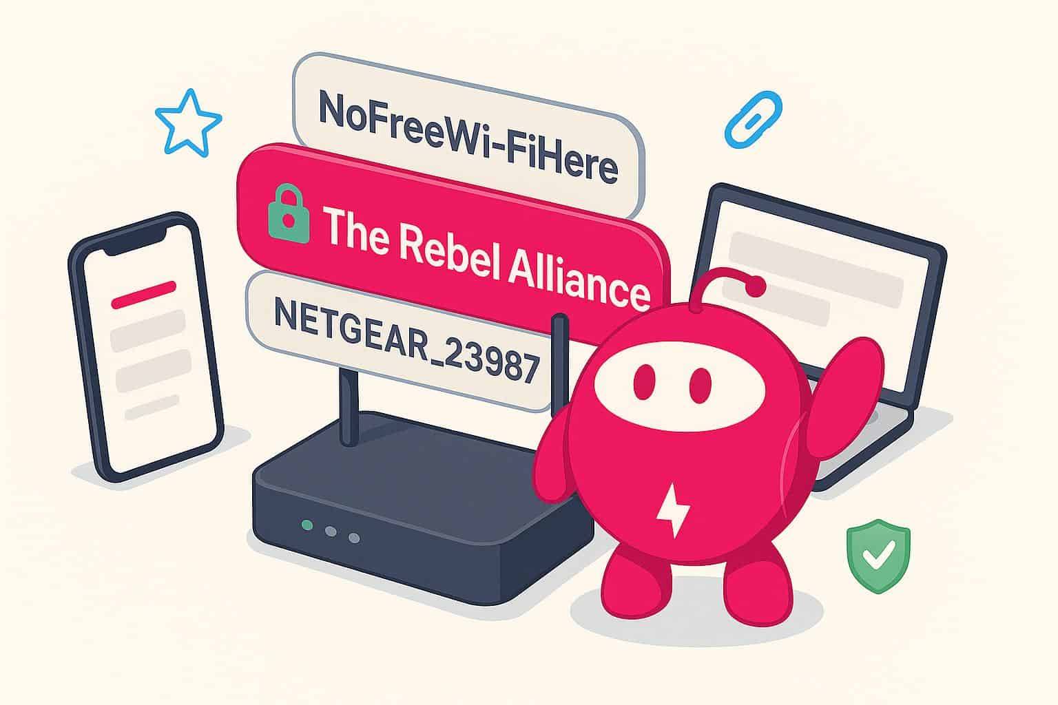 Illustration of a Wi-Fi router showing SSID names with a lock icon, phone and laptop nearby.