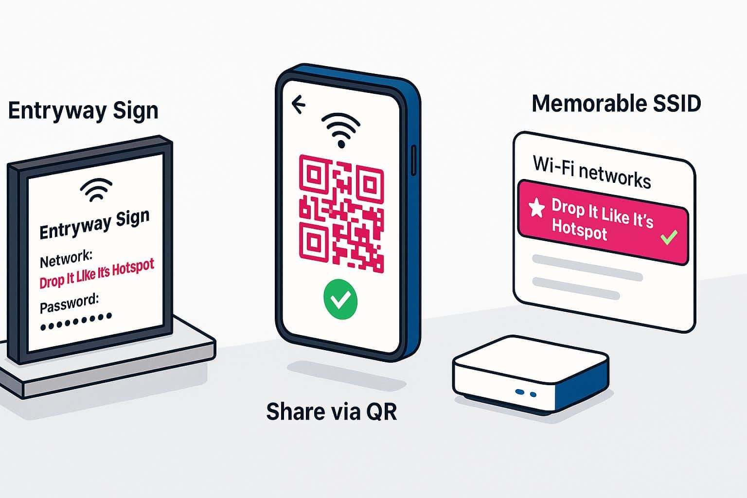 Besides a memorable SSID, you can share your Wi-Fi password via QR or on an entryway sign for guests when they visit.