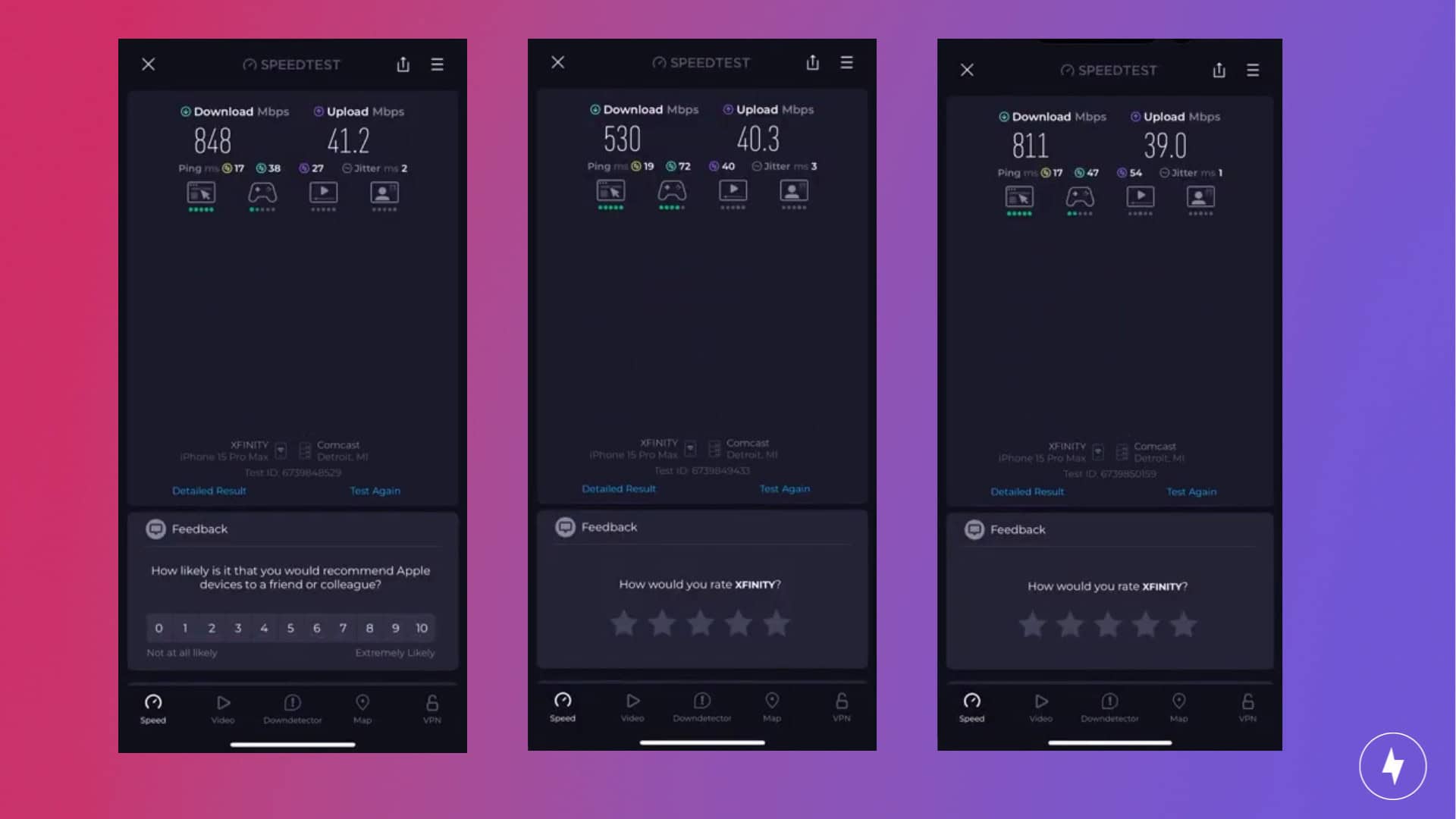 Screenshots of Asus-RT-AXE7800 speed tests in a busy environment