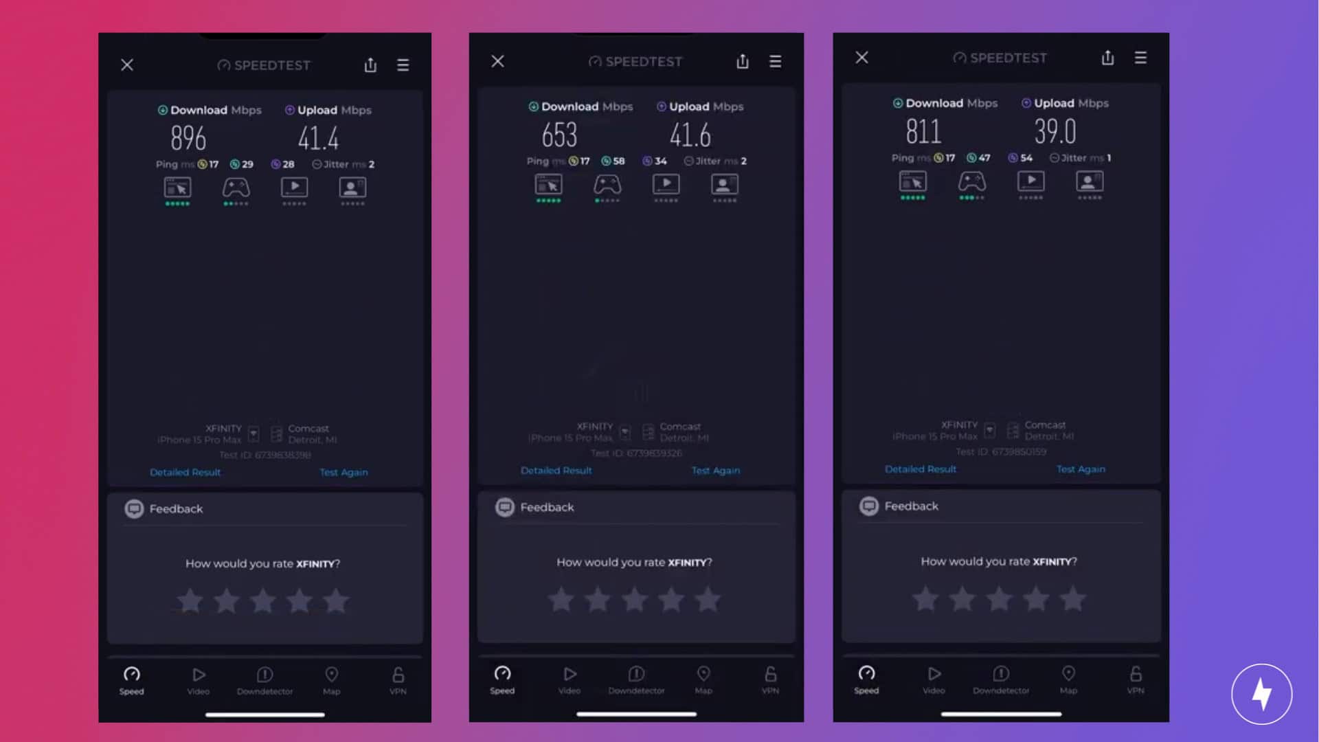 Screenshots of Asus-RT-AXE7800 speed tests in a calm environment.