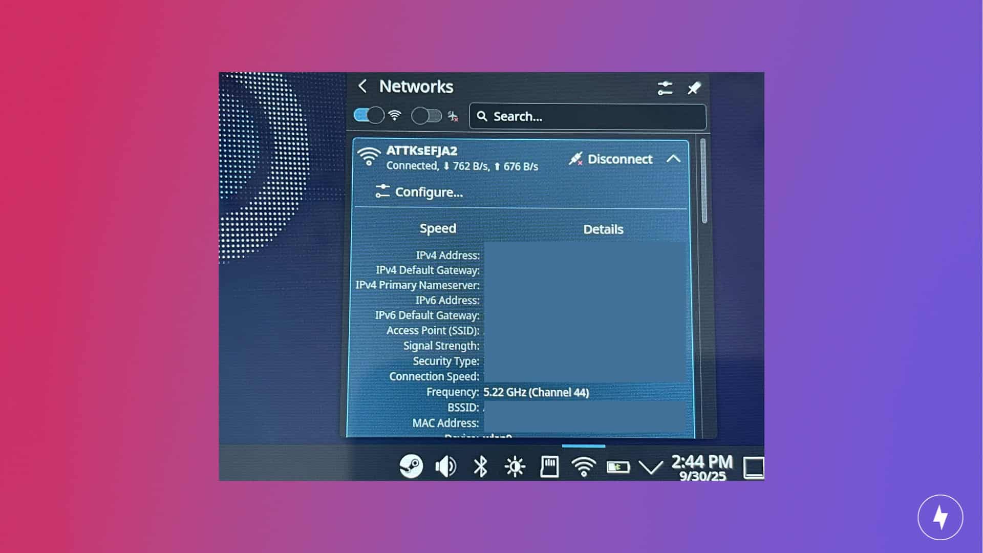 A screenshot of the Steam Deck Desktop Mode where you can check the network settings.