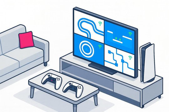 A living room with a PS5 console and controllers.