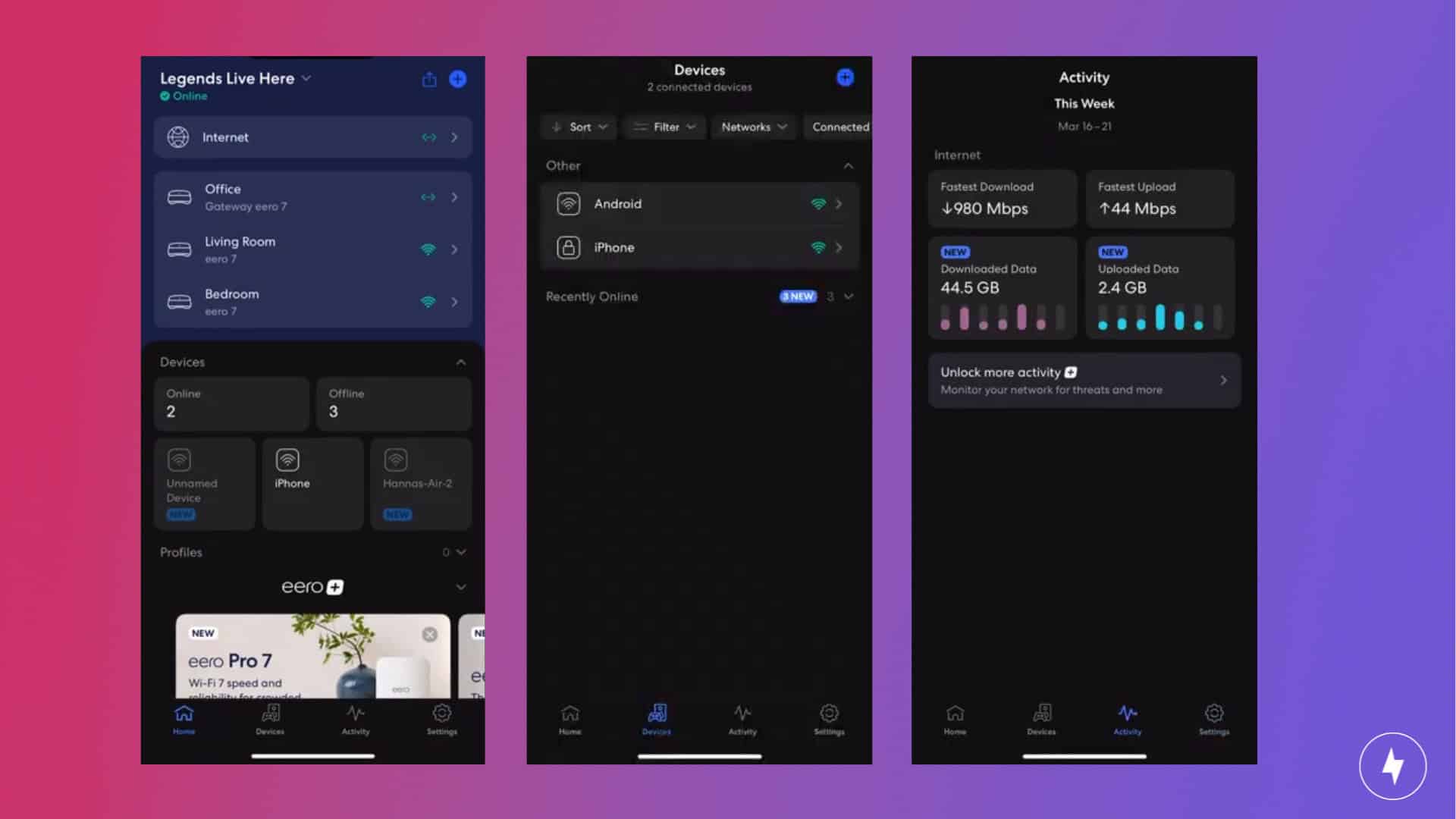 Screenshots of navigating the different features on the eero mobile app.