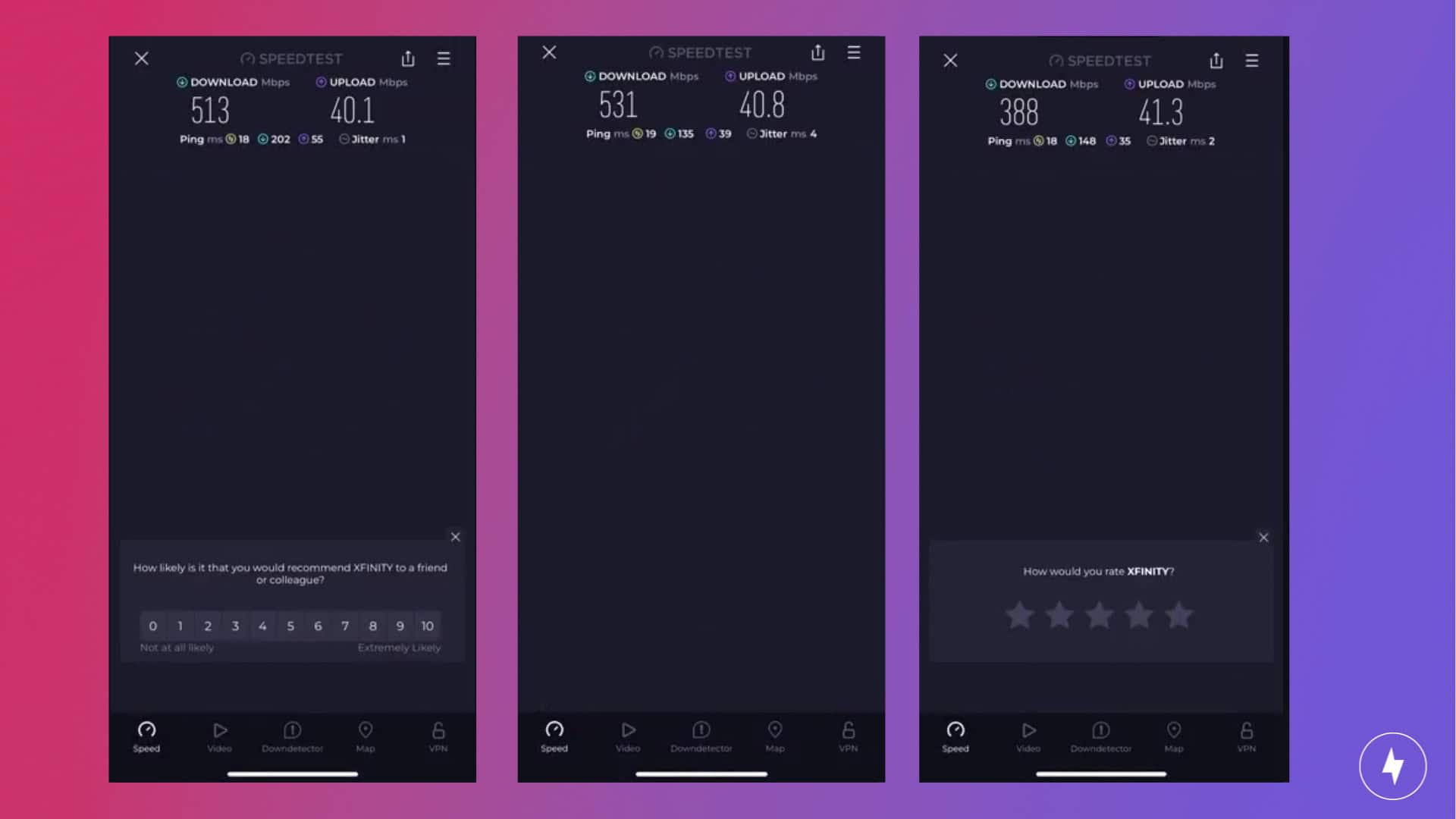 Screenshots of speed tests for the eero 7 during a calm environment.