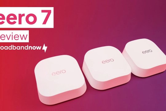 Three eero 7 mesh nodes against a gradient background.