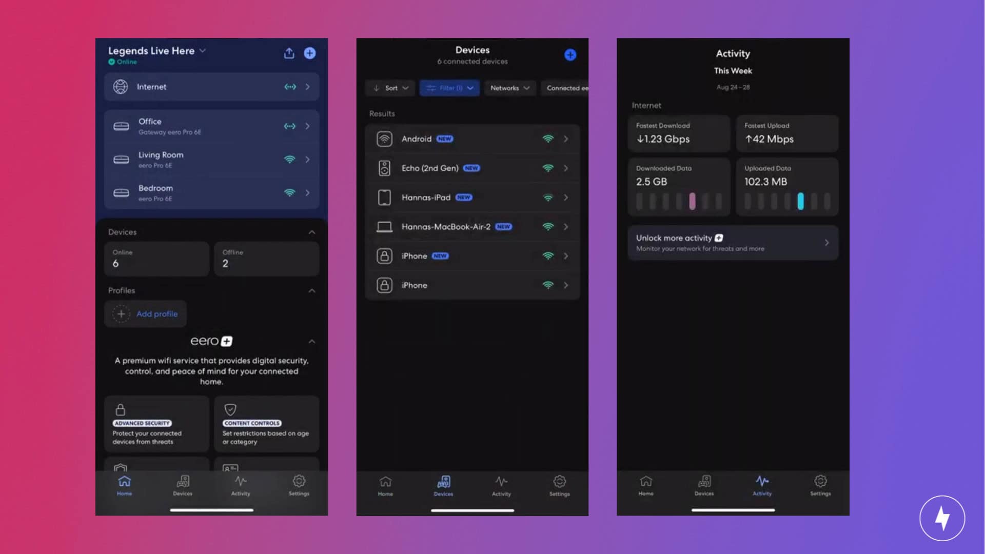 Screenshots of the eero app’s features.