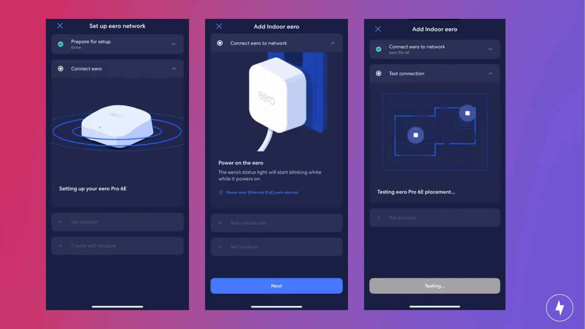 Screenshots of the eero setup process on the mobile app.