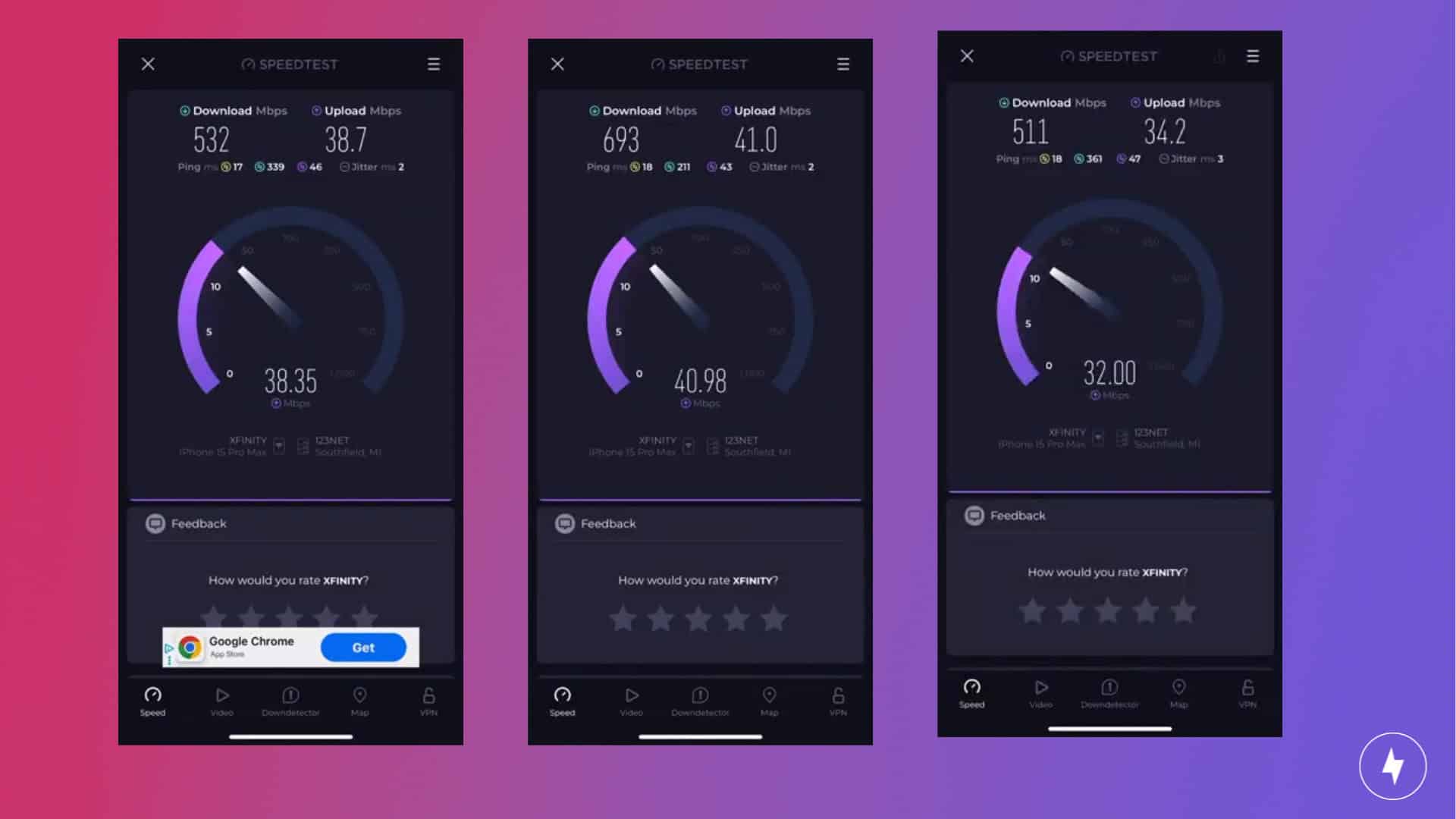 Screenshots of speed test results for the eero Pro 6E during a busy environment.