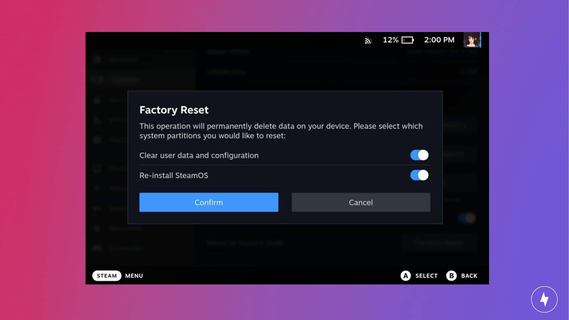 A screenshot of the factory reset option on the Steam Deck.
