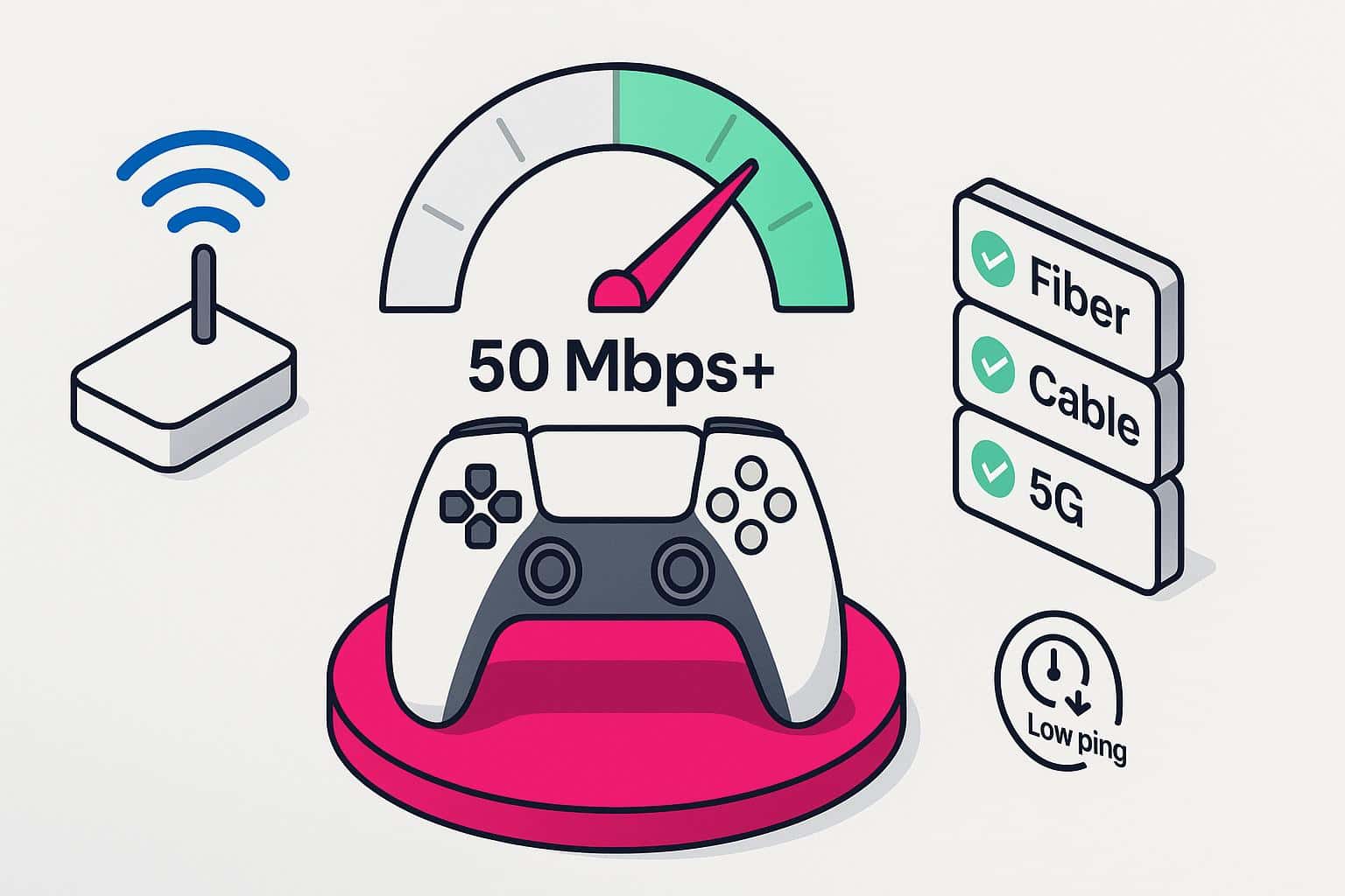 A PS5 controller with a speedometer reading “50 Mbps+”