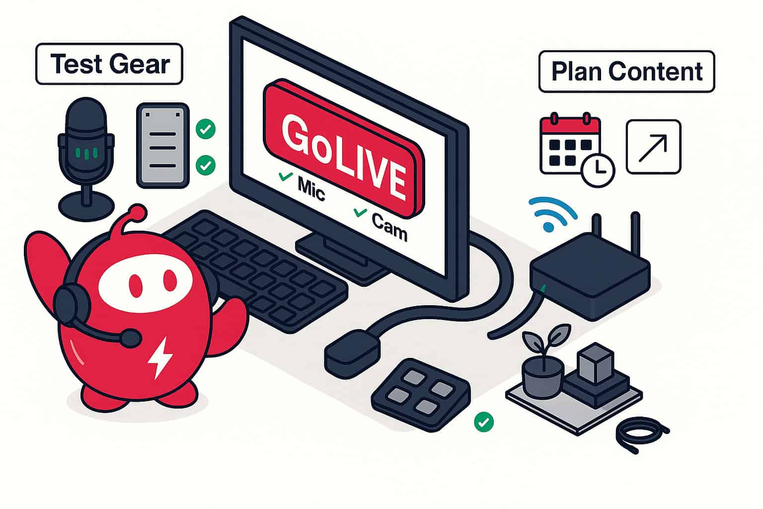 BroadbandNow mascot “Zippy” using a computer with a big “GO LIVE” button on the screen