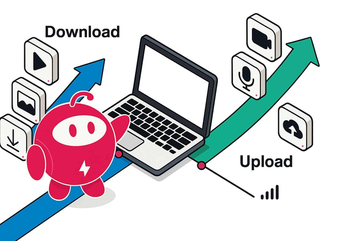Laptop with arrows showing download and upload for streaming, file transfer, and video calls.