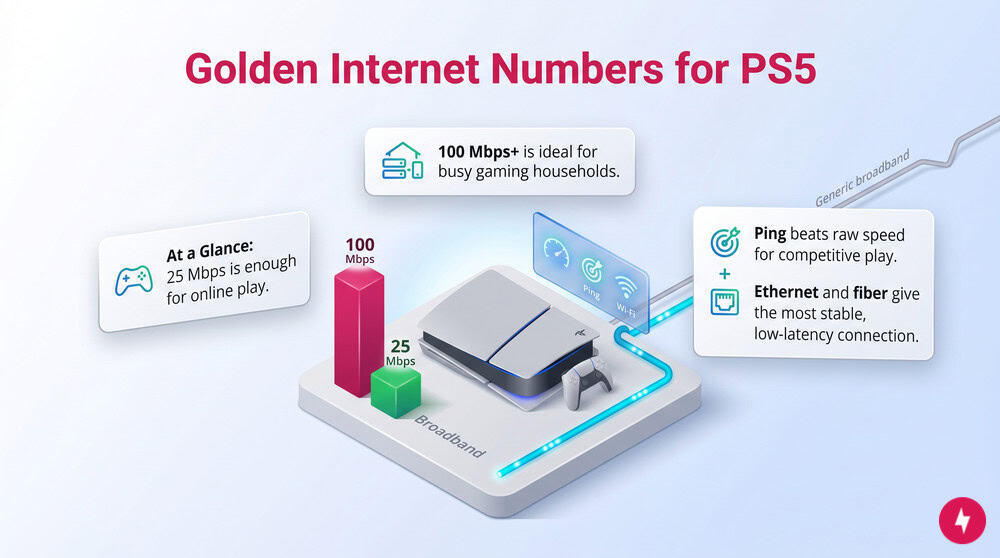 High-end 3D isometric rendering infographic showing ideal internet speeds for PS5 and online play.