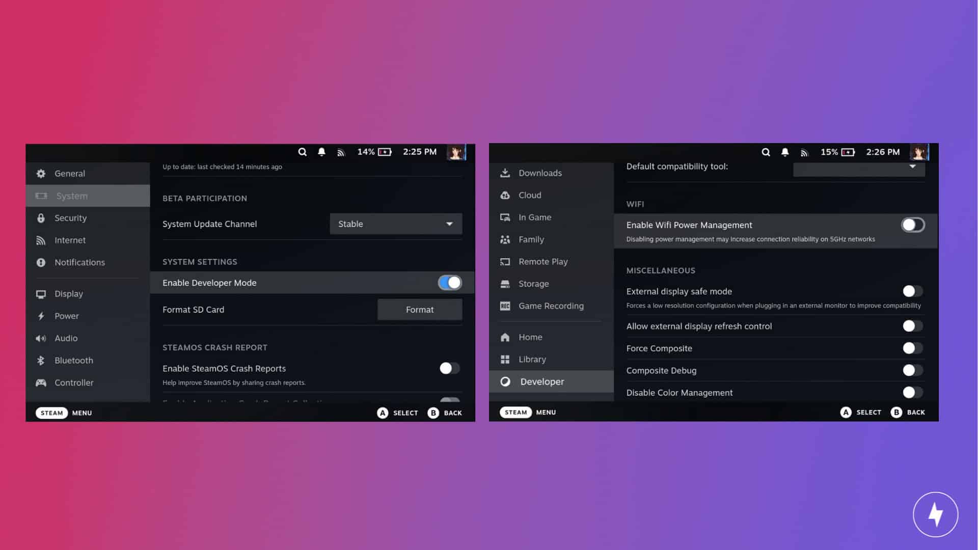 A screenshot of the Steam Deck settings for toggling off Wi-Fi Power Saving.