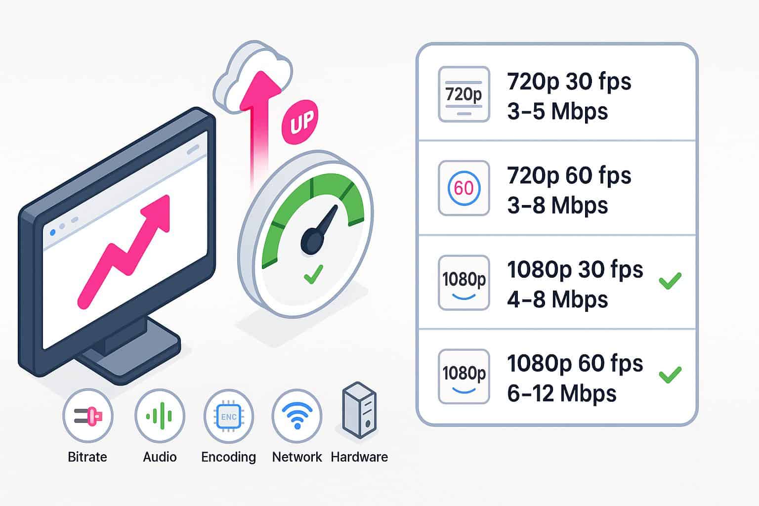 Chart of recommended streaming bitrates: 720p 3–8 Mbps, 1080p 4–12 Mbps, plus upload gauge.