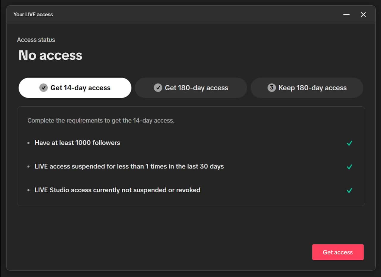 Screenshot showing access to TikTok Live being denied