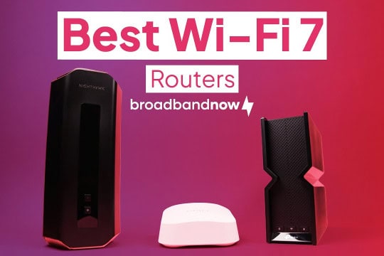 The Netgear Nighthawk RS700S, eero 7 and TP-Link Archer BE550 against a gradient background.