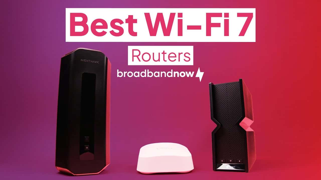 The Netgear Nighthawk RS700S, eero 7 and TP-Link Archer BE550 against a gradient background.
