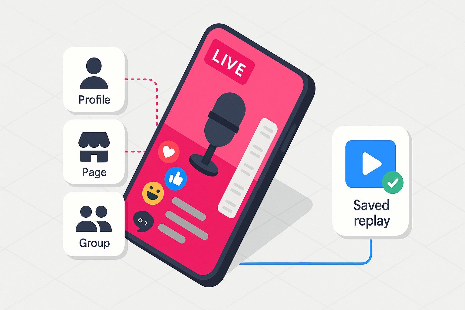 A phone showing a livestream with links from profile, page, group to a saved replay.
