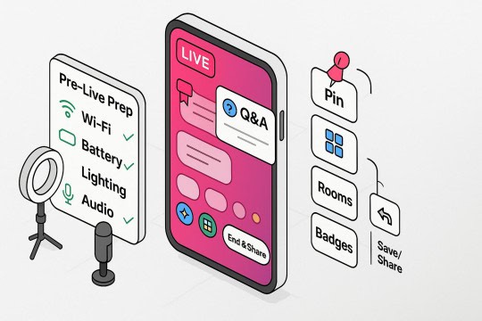 A livestreaming phone setup highlights a pre-live checklist and interactive tools for engagement.