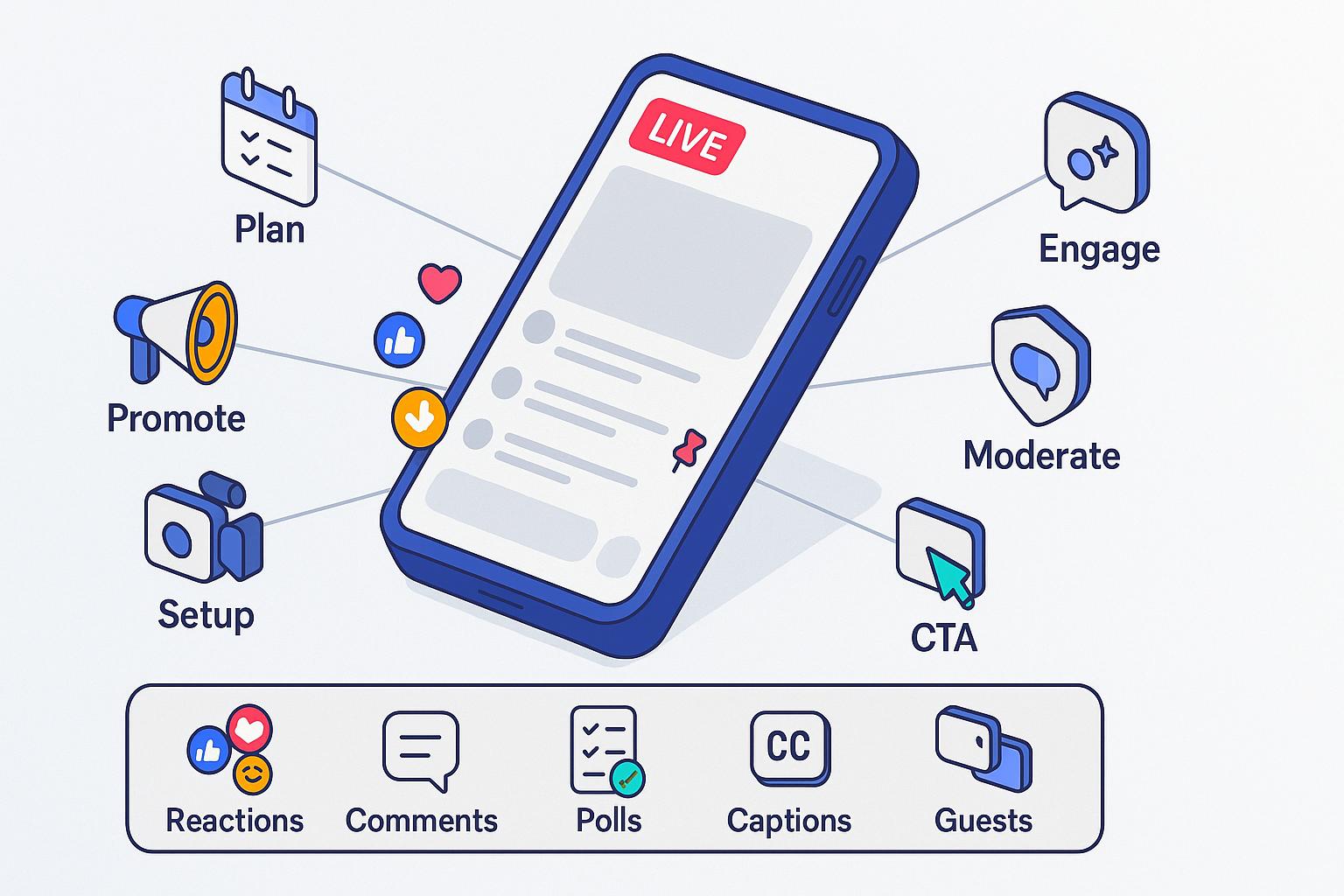 An illustration of a phone labeled LIVE with steps: plan, promote, setup, engage, moderate and CTA.