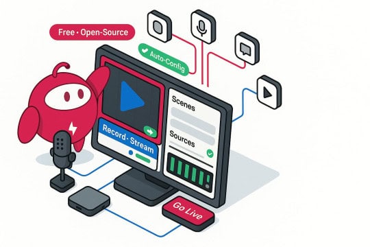 An illustration of a character mascot gesturing to an open-source streaming app with record, scenes, sources and Go Live button.