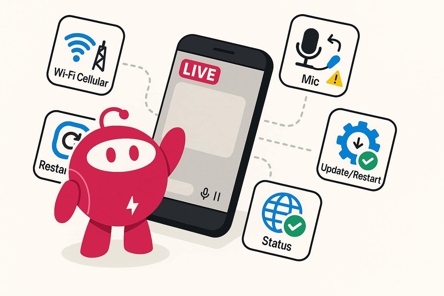 Character mascot in front of a phone with the word Live on the screen surrounded by icons for Wi-Fi, mic, restart, update and status checks.