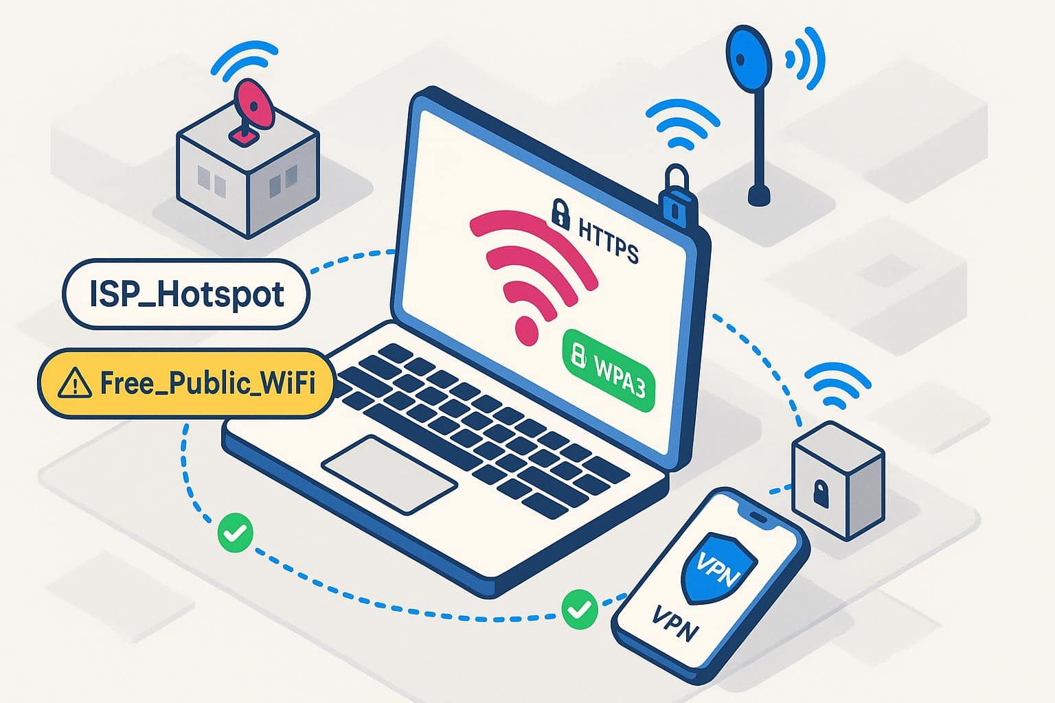 Laptop and phone showing HTTPS, WPA3, and VPN, warning against unsafe Free_Public_WiFi networks.