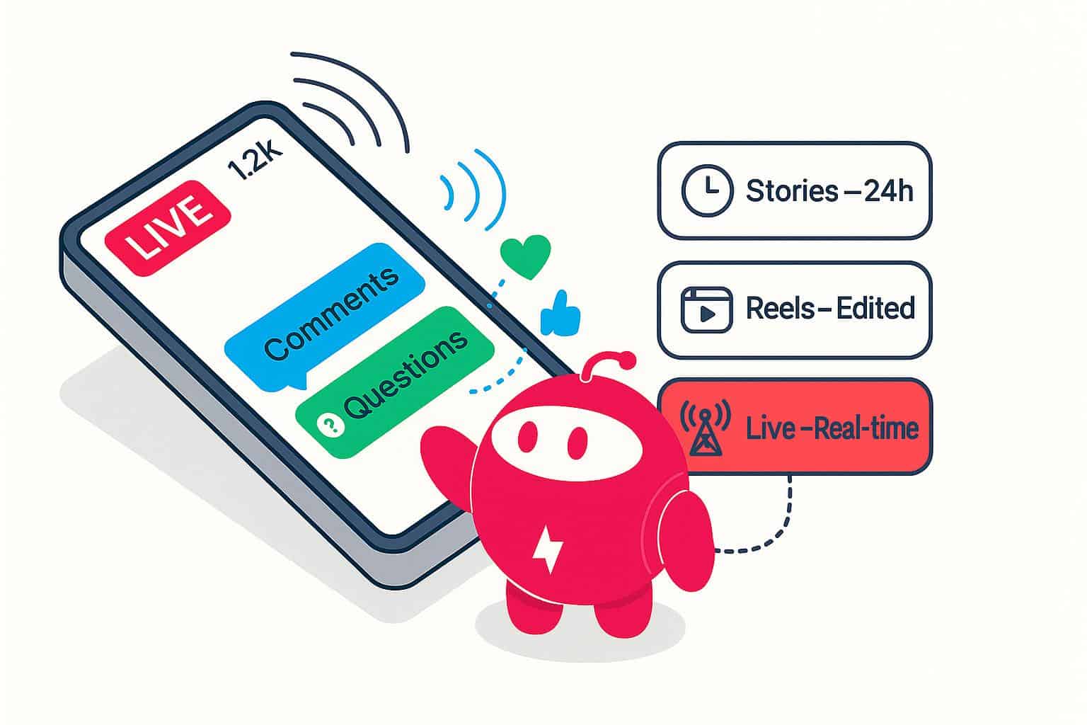 Smartphone livestream with comments and reactions, Stories, Reels and Live options.