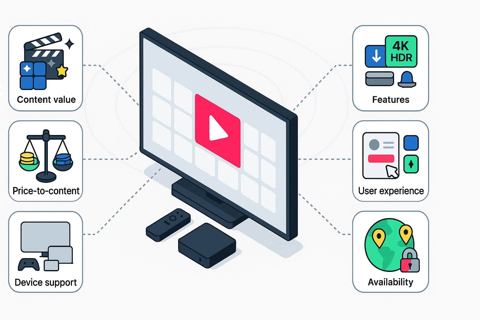 TV app with icons of streaming factors: content, price, features, UX, devices, availability.