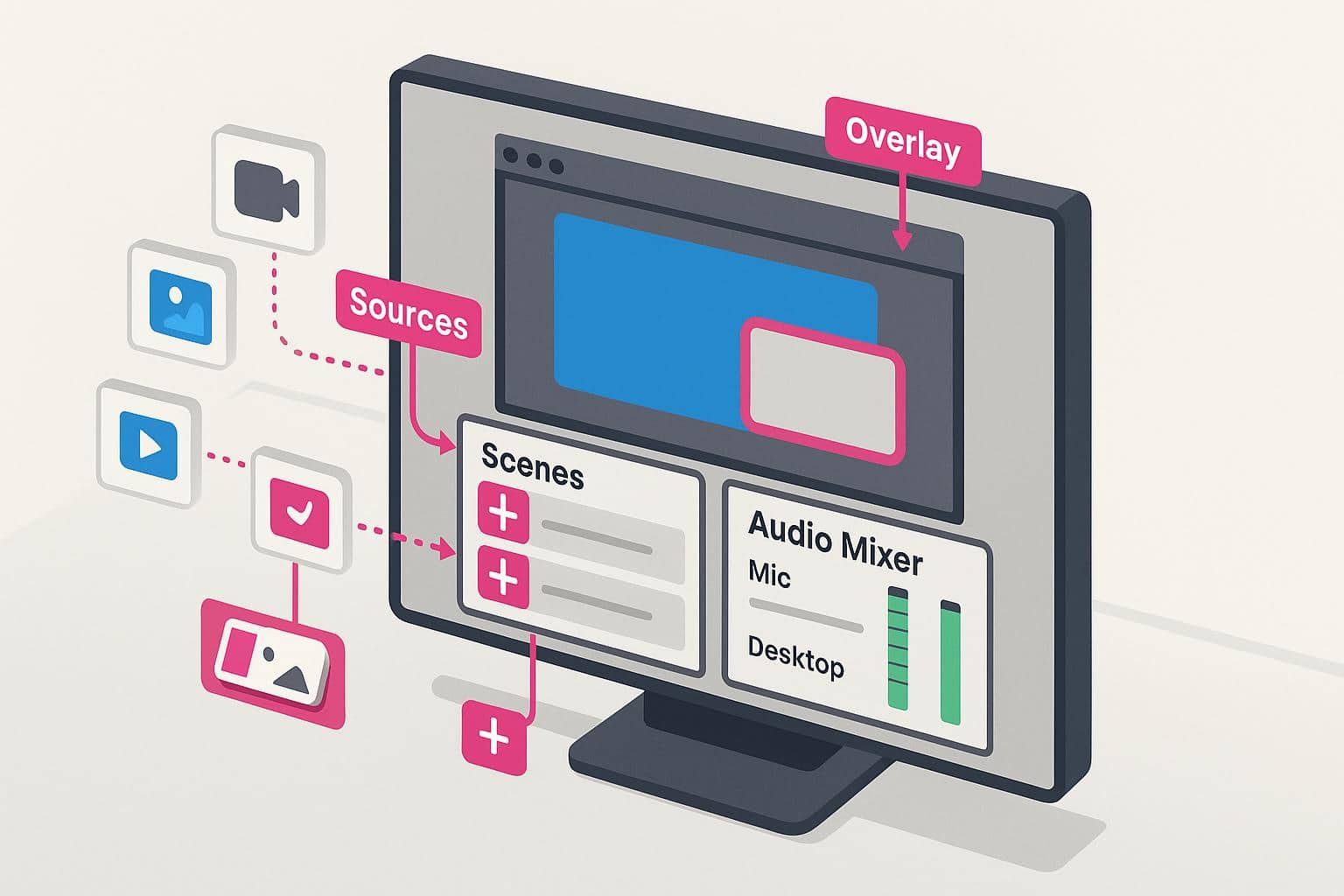 Streaming app UI showing sources, scenes, audio mixer and an overlay on the canvas.