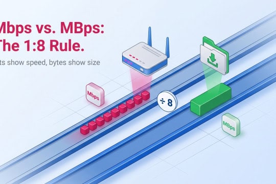 Illustration showing Mbps with bits and MBps with bytes, visually explaining the 1:8 relationship.