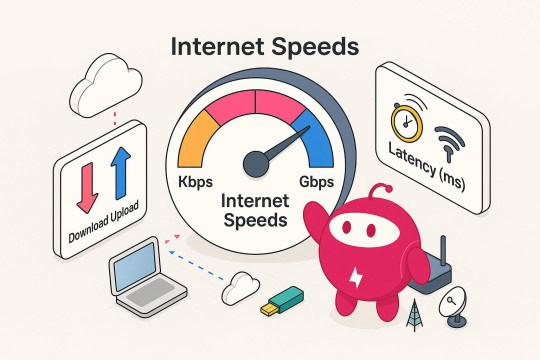 An illustration of internet speeds: gauge Kbps–Gbps, upload/download arrows, latency, laptop and routers.