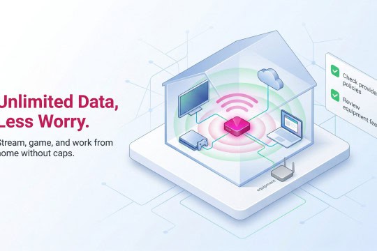 Isometric illustration of a home network hub connecting devices with an unlimited data checklist.