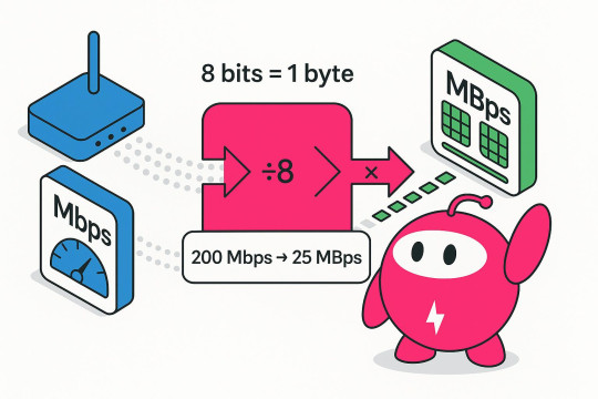 An illustration showing internet speed conversion: divide Mbps by 8 to get MBps (200 Mbps -> 25 MBps).