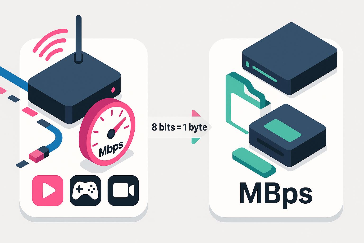 An illustration comparing Mbps internet speed with MBps file transfer; 8 bits equals 1 byte.