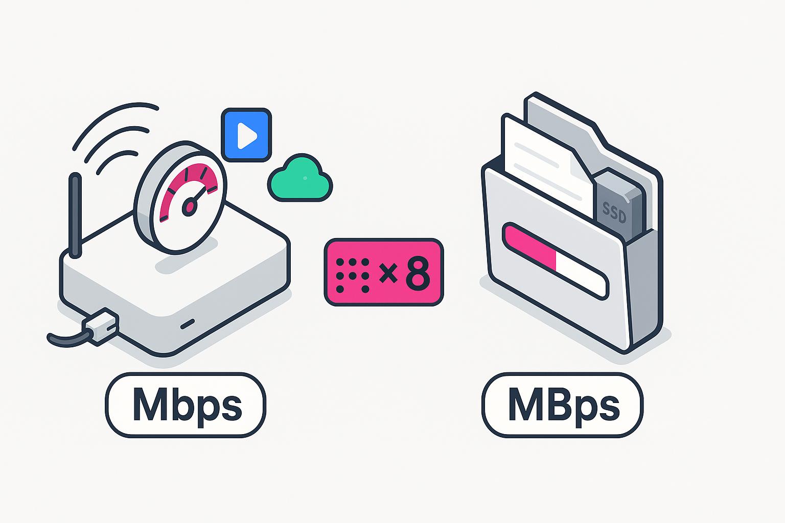 An illustration of a router and folder compare Mbps internet speed with MBps file transfer, showing 8x difference.
