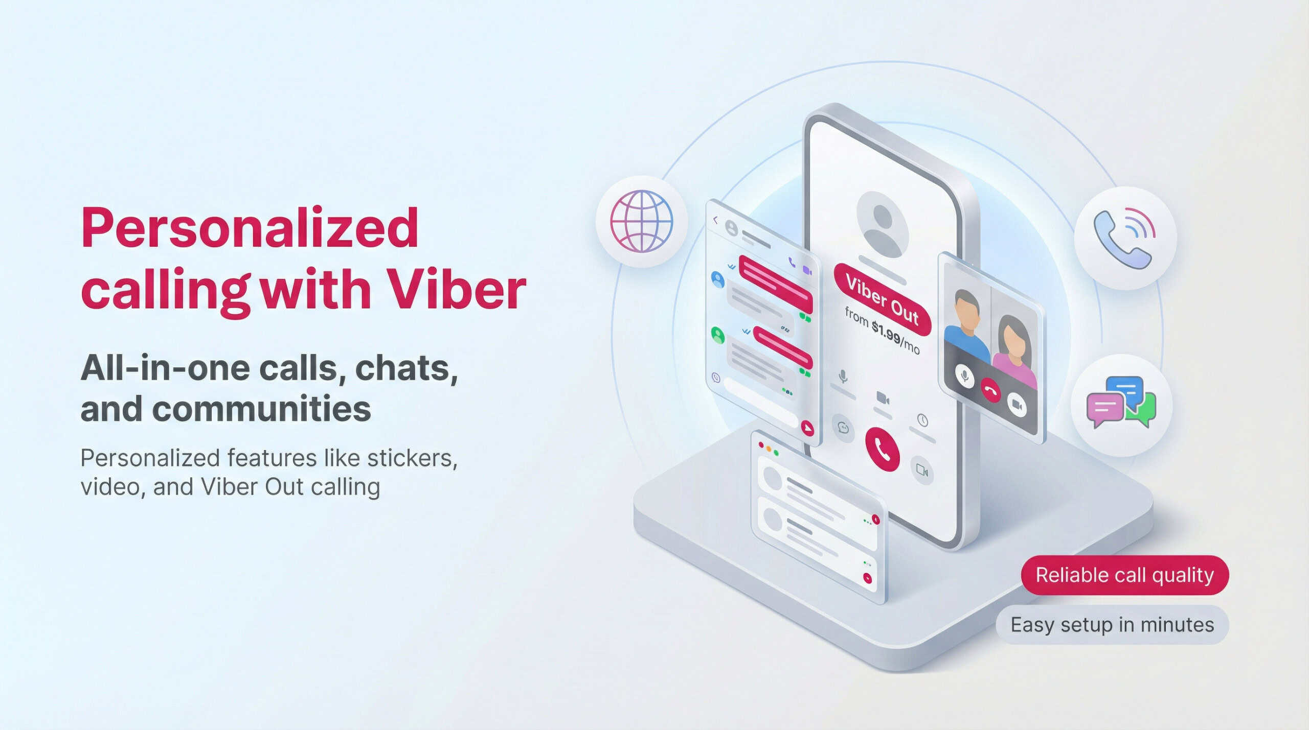 Illustration showing Viber's personalized calling features like chat, video calls, and Viber Out pricing.